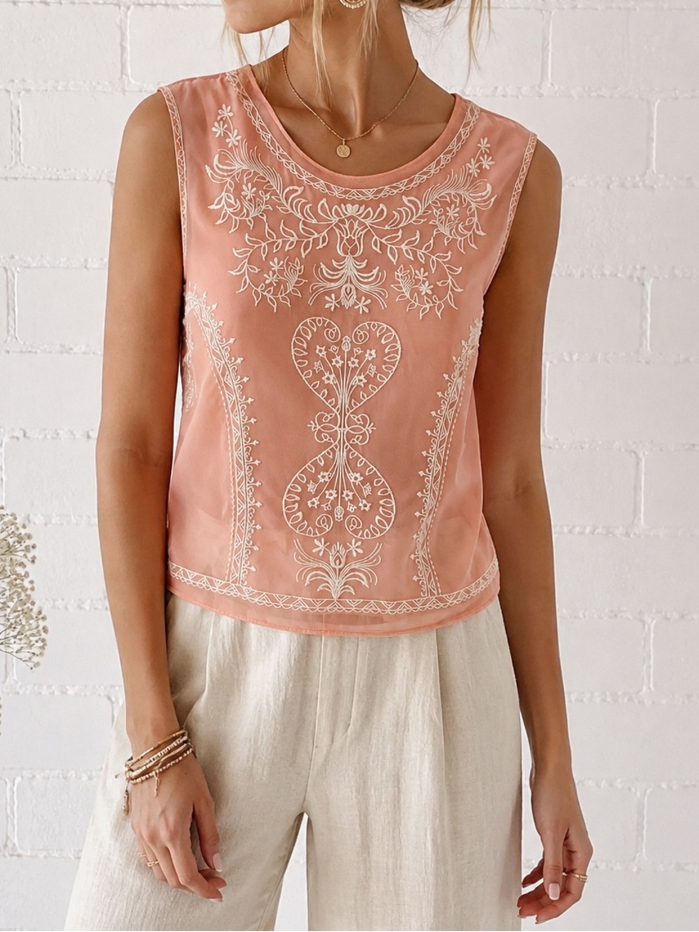 Champagne & Strawberry Pink Sheer Embroidered Blouse XS Polyester Boho